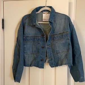 Aaron and Amber Jean Jacket deconstructed large pockets and pleated seamed back